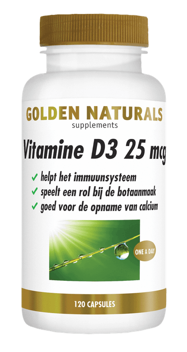 Golden Naturals Vitamine D3 25 mcg, 120 capsules, wit flesje met gouden deksel en band.