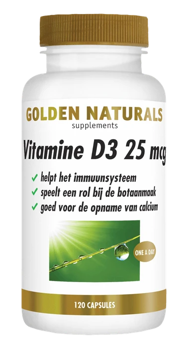 Golden Naturals Vitamine D3 25 mcg supplement flesje met gouden deksel en 120 capsules.