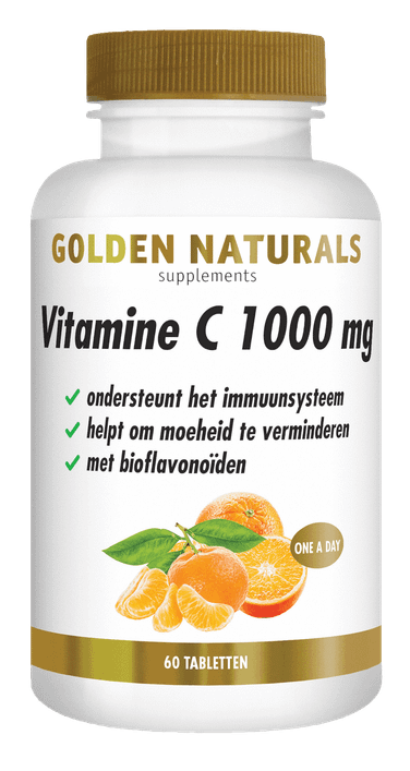 Golden Naturals Vitamine C 1000 mg met bioflavonoïden, 60 tabletten, wit flesje met gouden deksel.