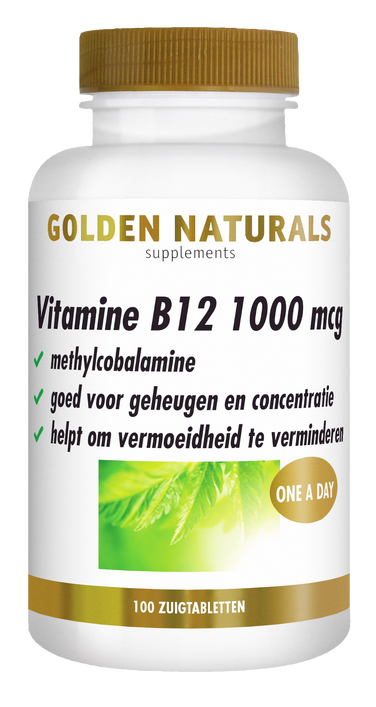 Golden Naturals Vitamine B12 1000 mcg, witte fles met gouden deksel en etiket.