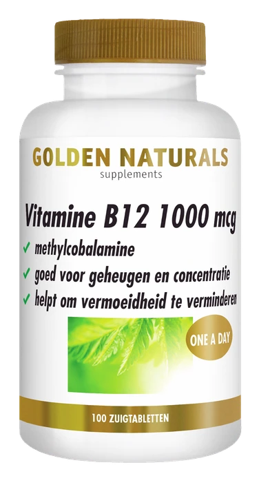Golden Naturals Vitamine B12 1000 mcg, witte fles met gouden deksel en label.