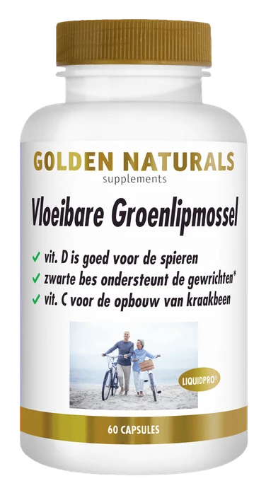 Golden Naturals Vloeibare Groenlipmossel supplement flesje met 60 capsules.