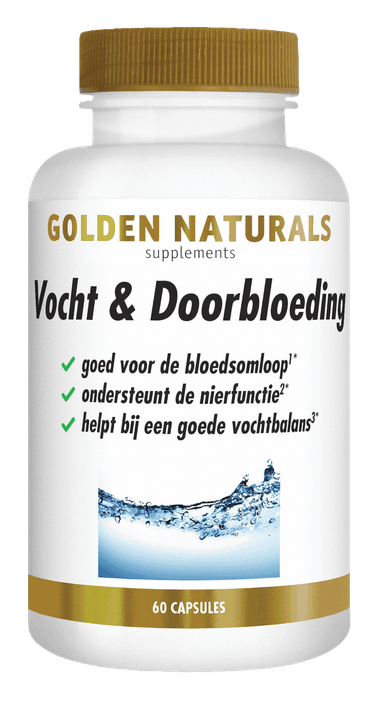 Golden Naturals Vocht & Doorbloeding supplement flesje wit met gouden deksel en 60 capsules.