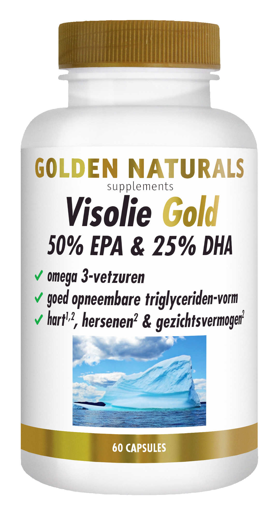 Golden Naturals Visolie Gold supplementen flesje met 60 capsules, 50% EPA & 25% DHA.