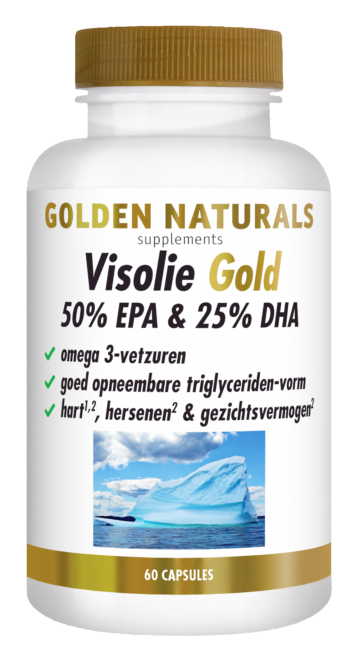 Visolie Gold 50% EPA & 25% DHA capsules van Golden Naturals in wit flesje met gouden dop.