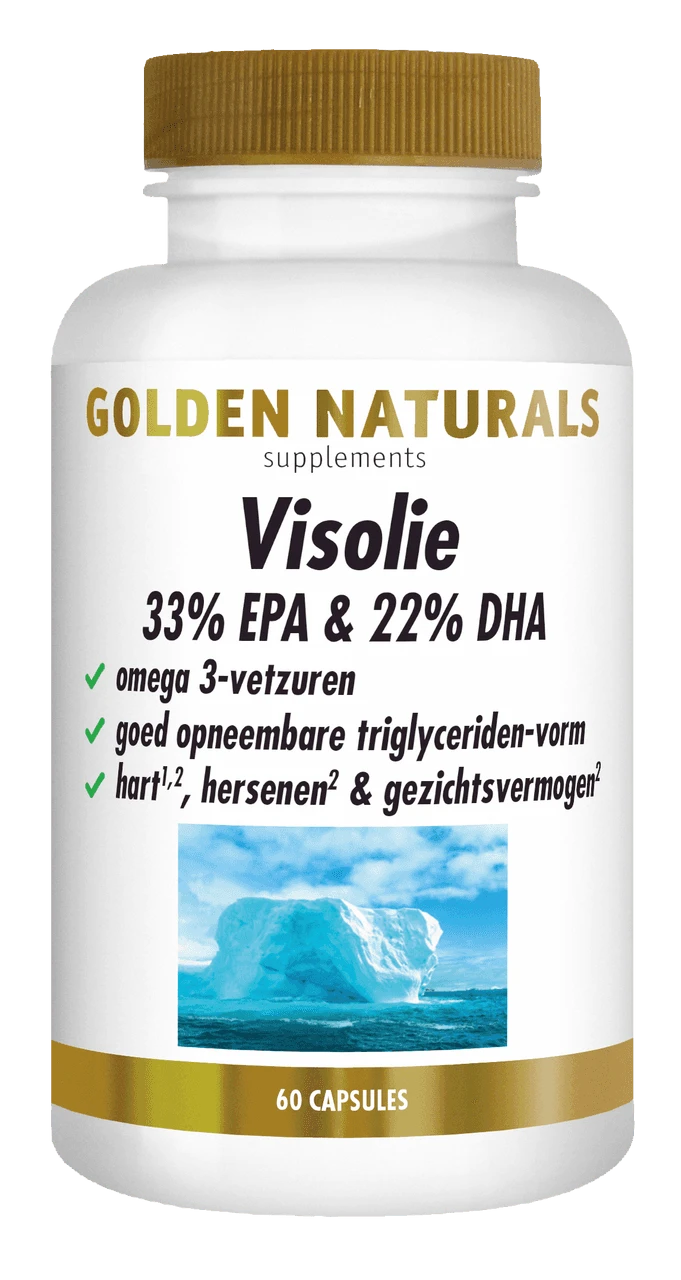 Golden Naturals Visolie 33% EPA & 22% DHA, 60 capsules, wit en goudkleurig flesje.