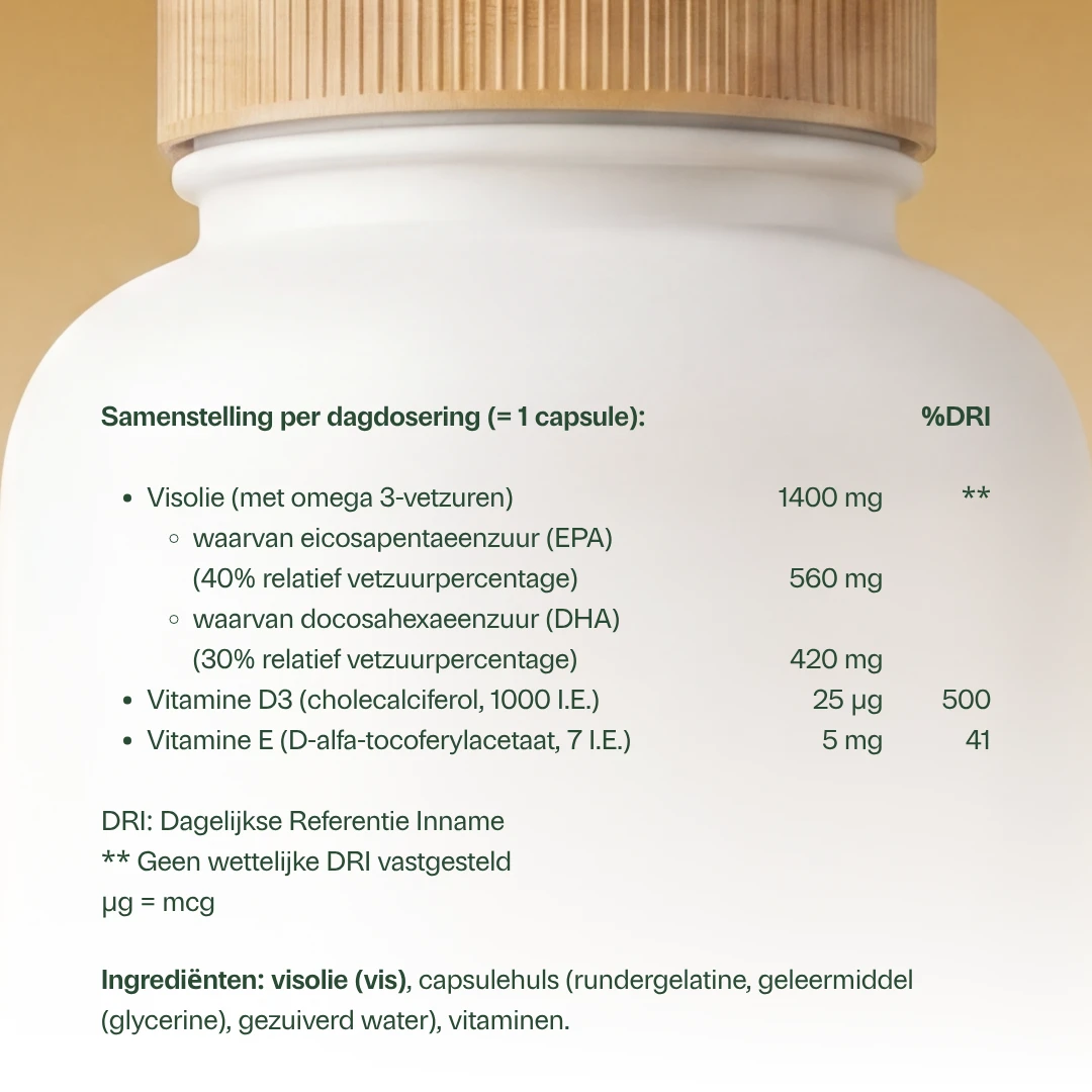 Golden Naturals Visolie 1400 TG, 40% EPA & 30% DHA, witte fles met gouden deksel.