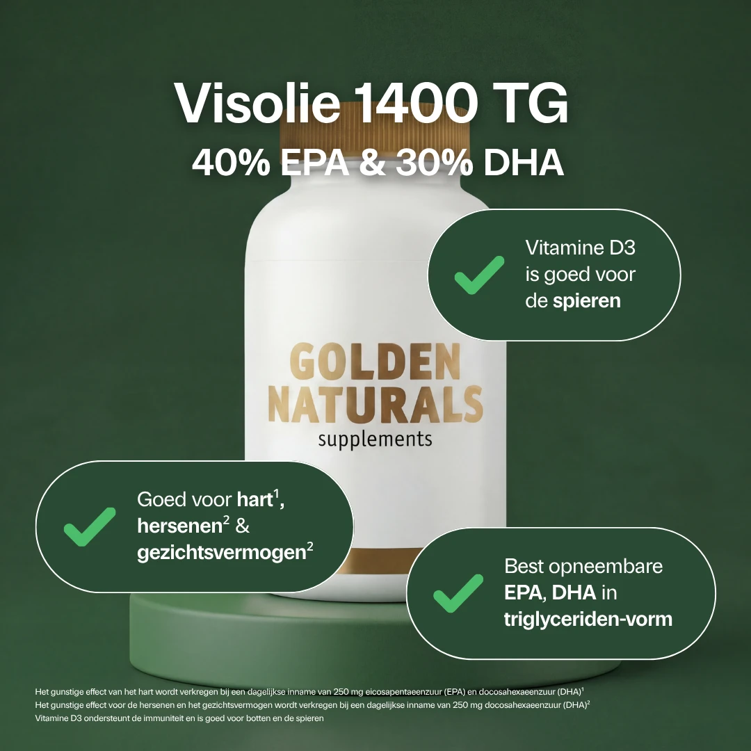 Visolie 1400 TG, Golden Naturals, wit potje met gouden logo, 40% EPA en 30% DHA.