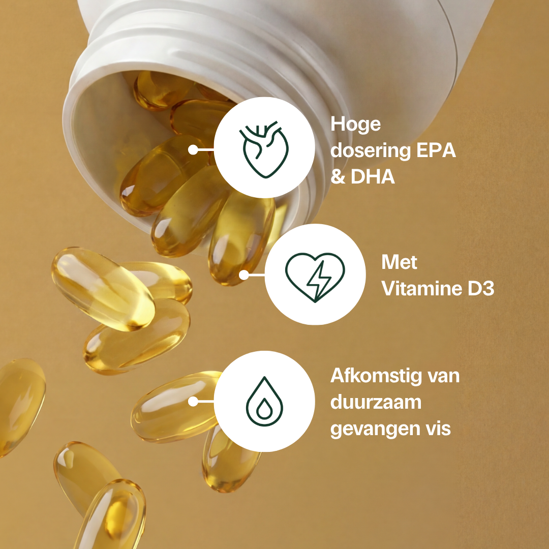 Golden Naturals Visolie 1400 TG, 40% EPA & 30% DHA, witte fles met gouden capsules.
