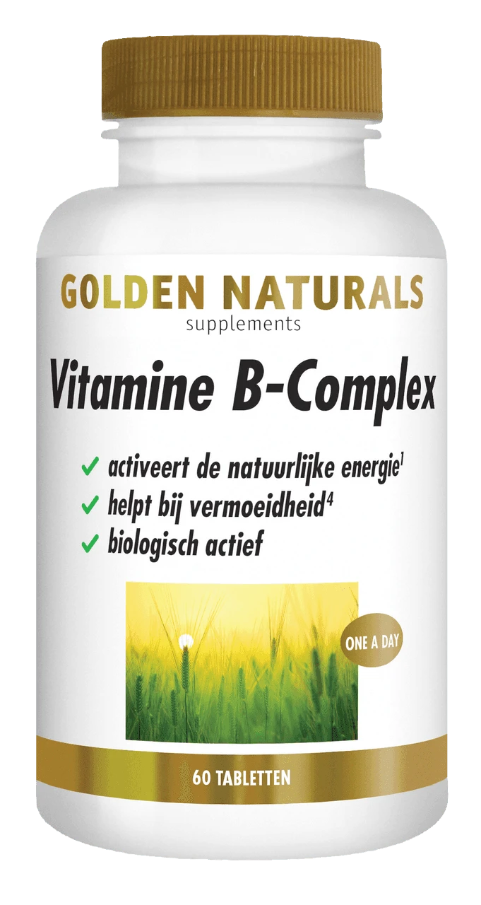 Vitamine B-Complex supplement van Golden Naturals, 60 tabletten, wit potje met gouden deksel en streep.