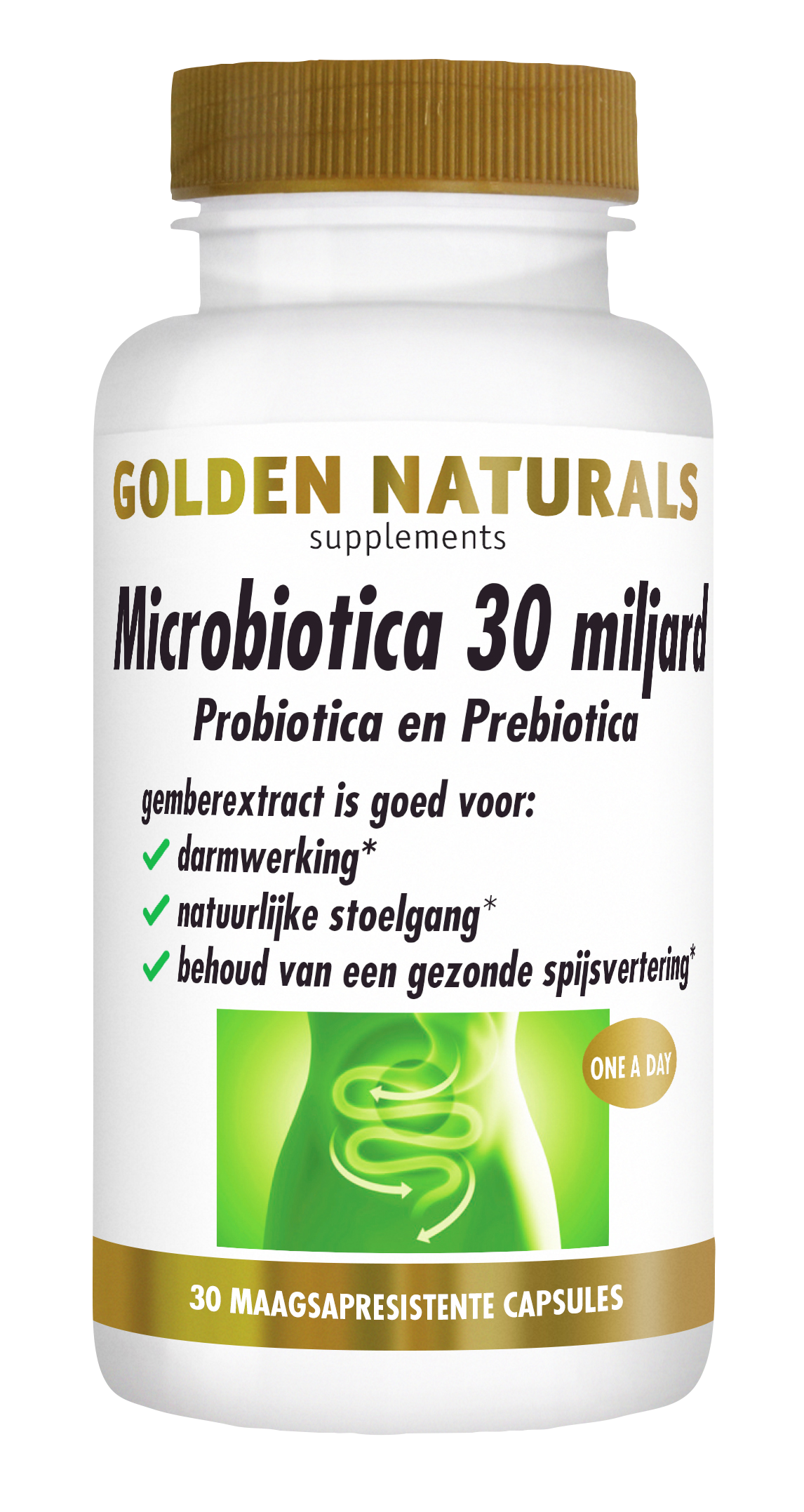 Golden Naturals Microbiotica 30 miljard probiotica capsules, wit flesje met gouden deksel en groene afbeelding.