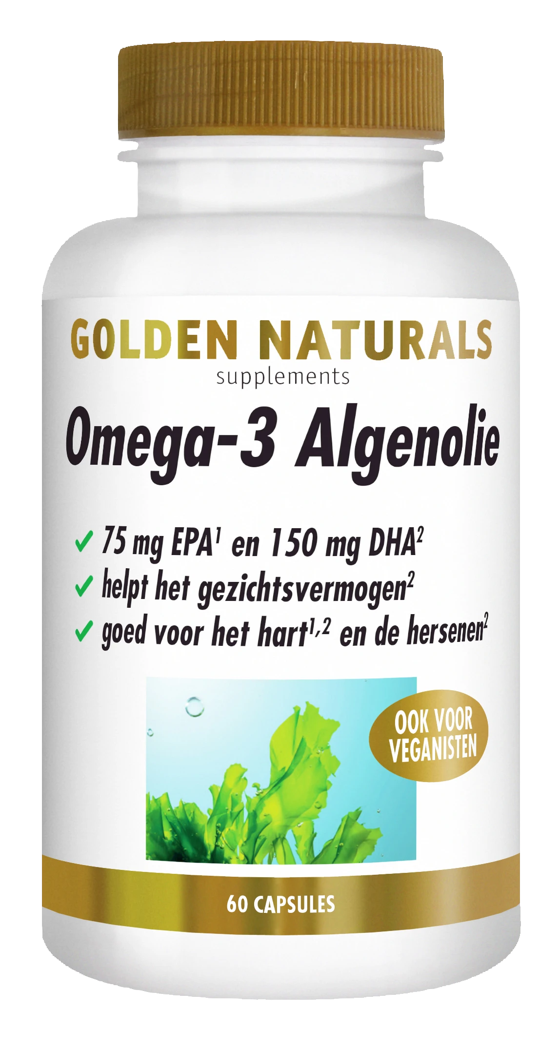 Golden Naturals Omega-3 Algenolie supplement flesje met 60 capsules, wit met gouden deksel en label.
