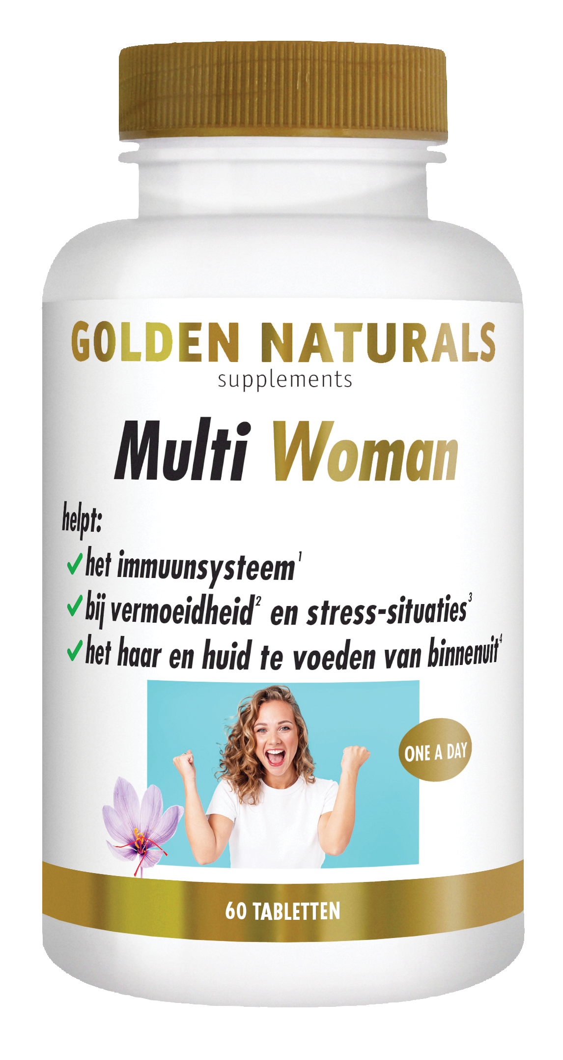 Golden Naturals Multi Woman supplementen flesje met 60 tabletten, gouden deksel en wit label.
