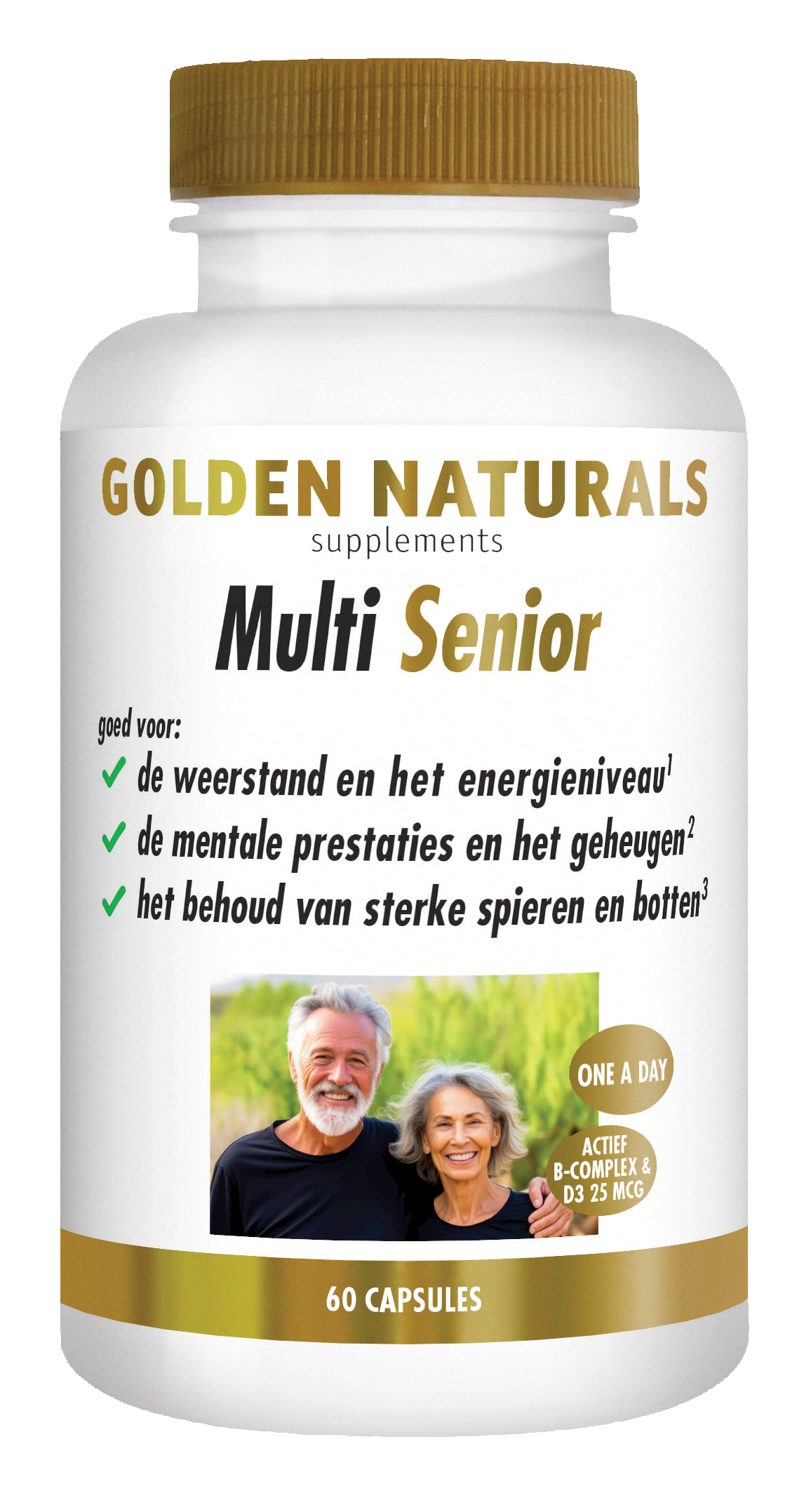 Golden Naturals Multi Senior, 60 capsules, witte fles met gouden deksel en label.