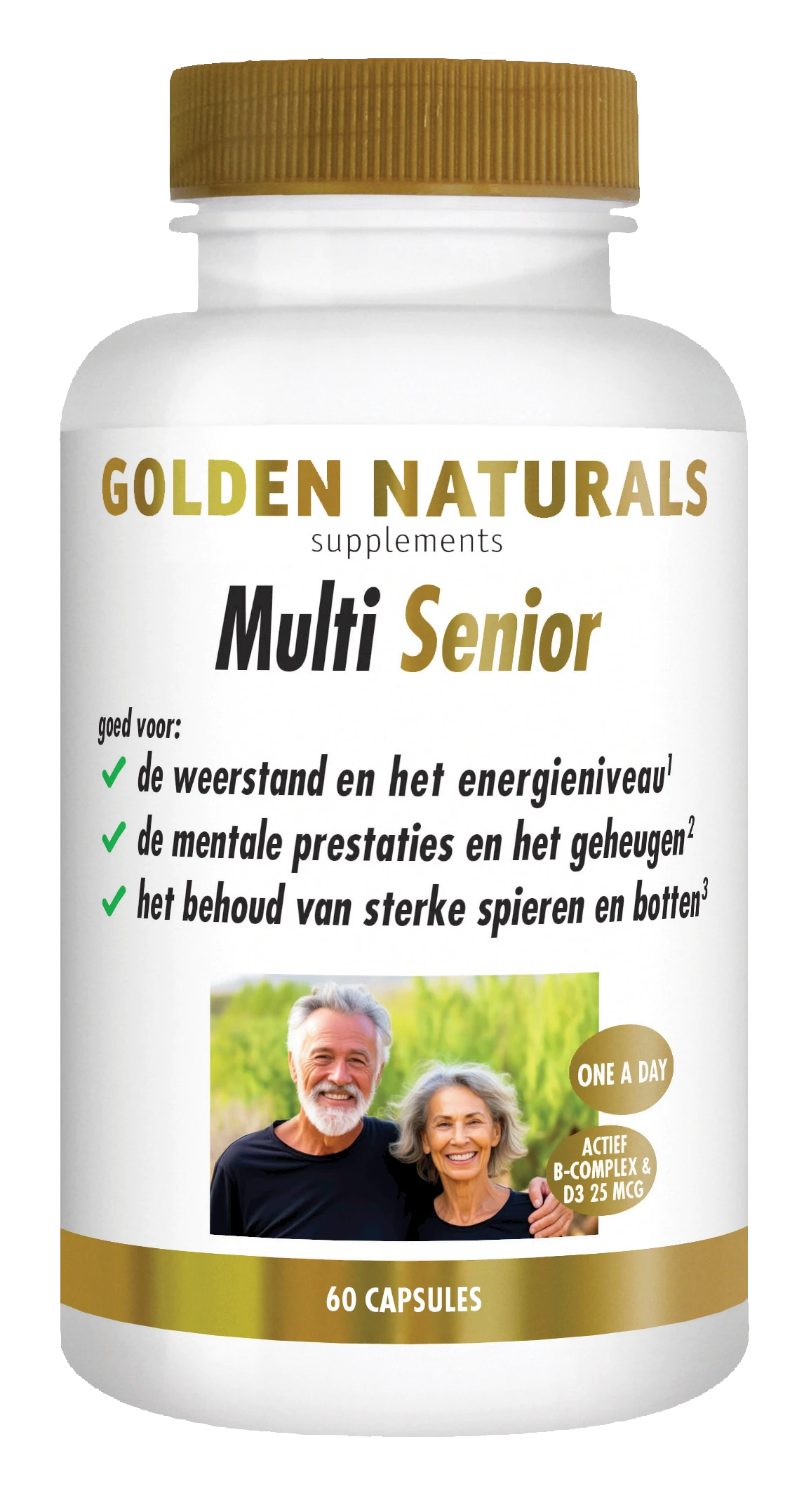 Golden Naturals Multi Senior, 60 capsules, witte fles met gouden deksel en label.
