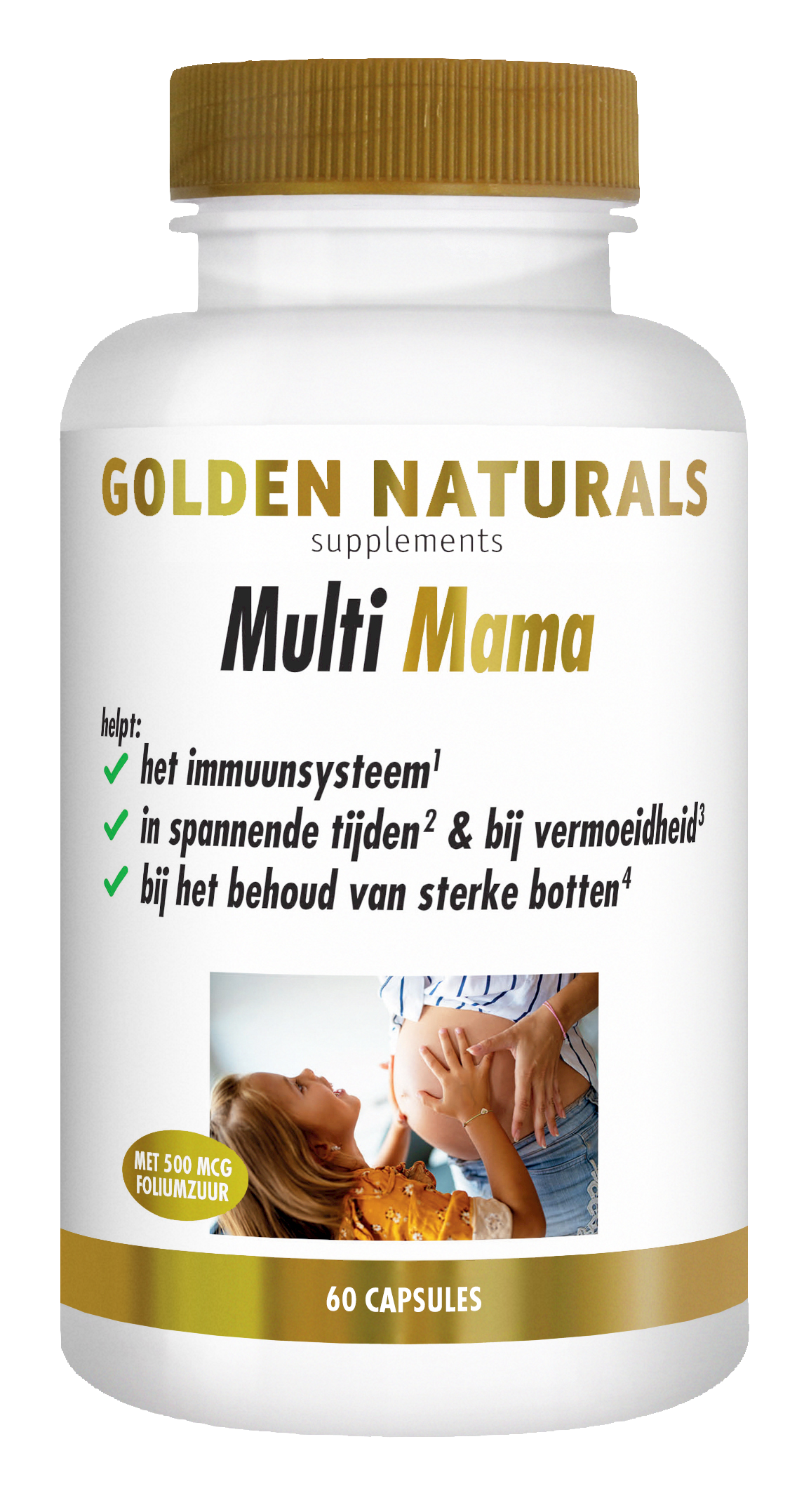 Golden Naturals Multi Mama supplementen flesje met 60 capsules voor zwangere vrouwen en moeders.