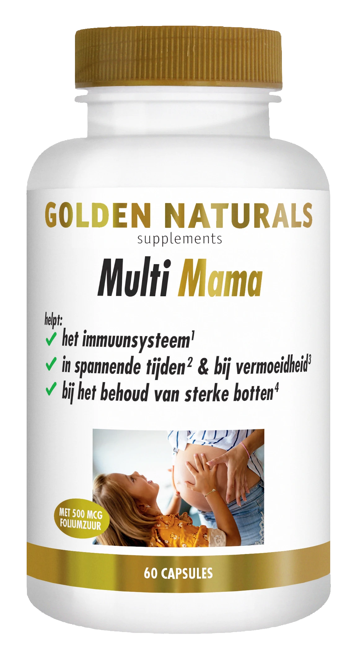 Golden Naturals Multi Mama supplement, witte fles met gouden deksel en etiket, 60 capsules.