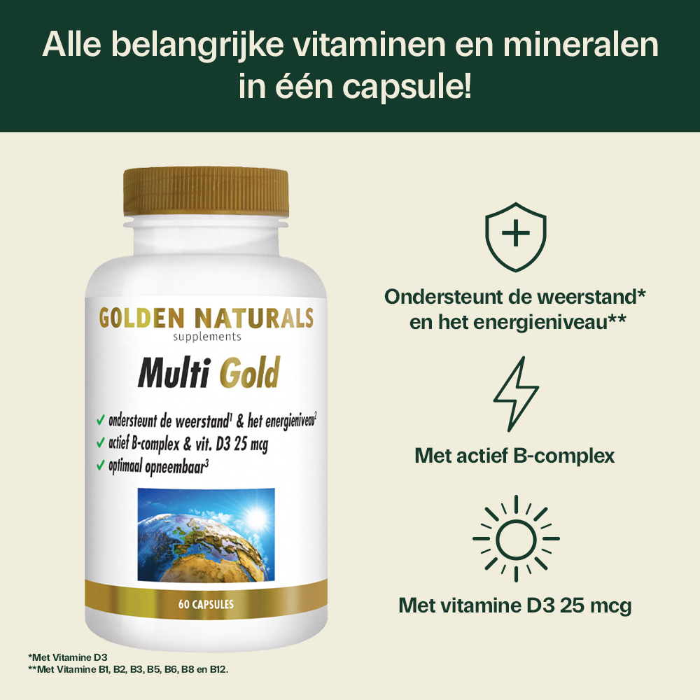 Golden Naturals Multi Gold capsules, wit met gouden deksel, multivitamine supplement voor mannen en vrouwen.