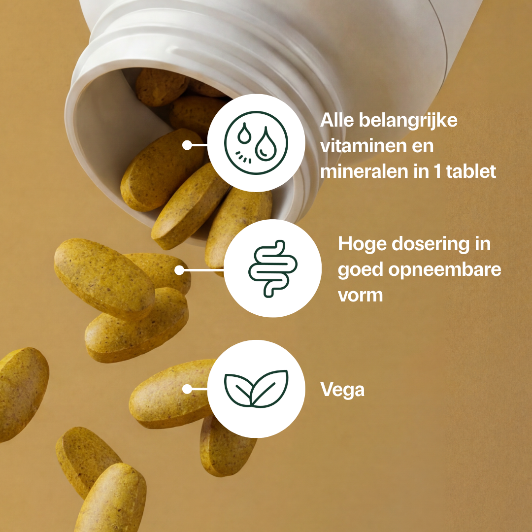 Golden Naturals Multi Gold tabletten, bruine vitaminesupplementen in een witte verpakking, hoge dosering.