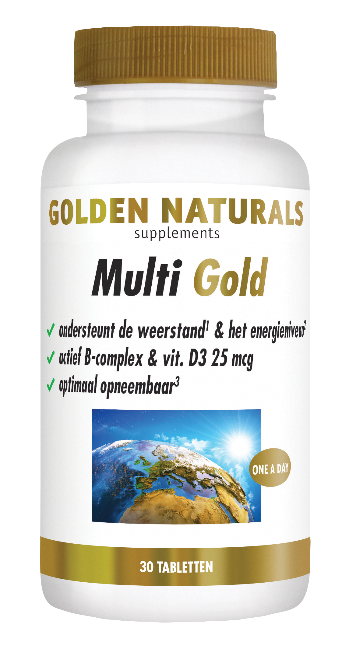 Golden Naturals Multi Gold tabletten, 30 stuks, wit flesje met gouden deksel en label.