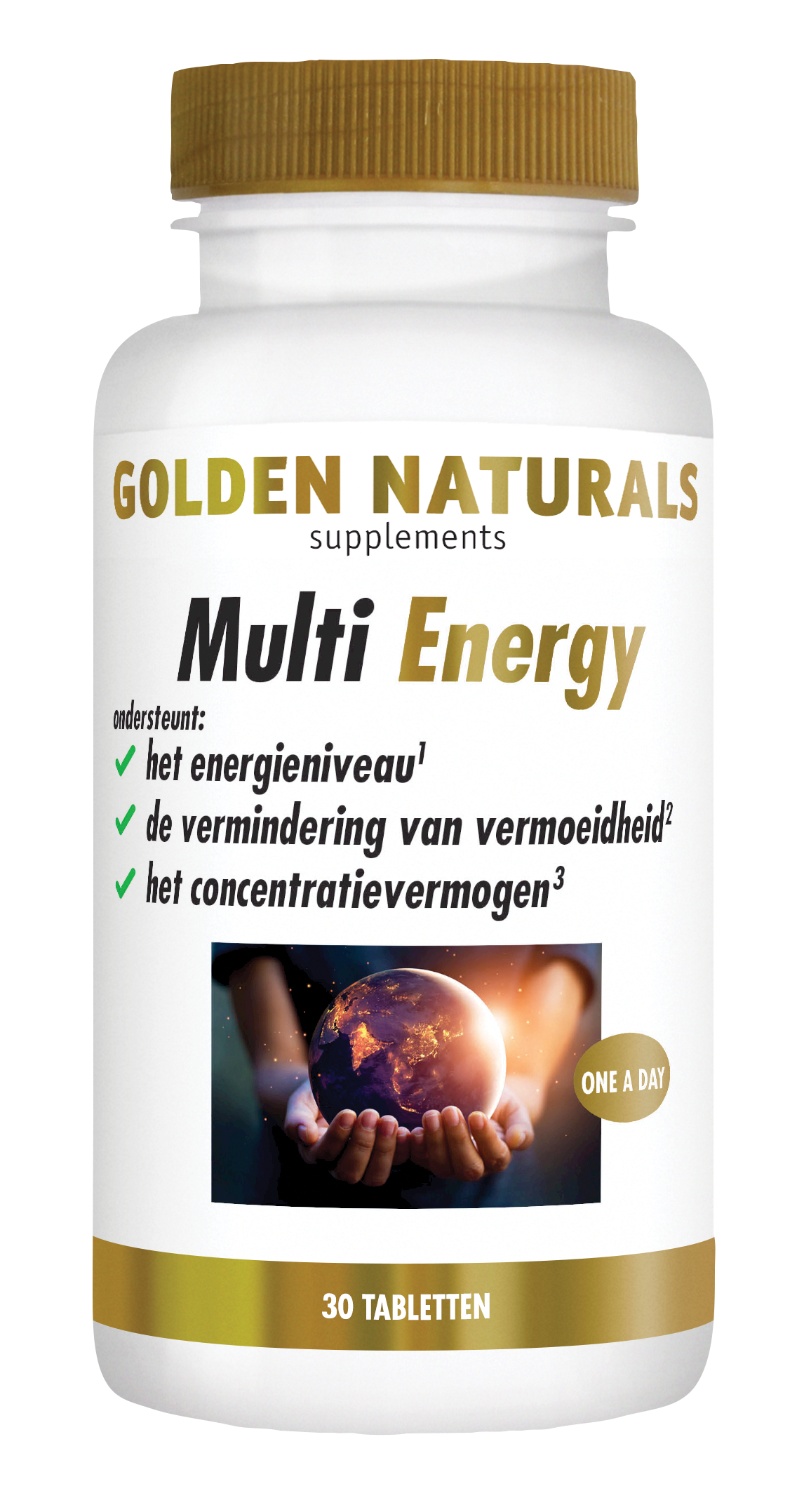 Golden Naturals Multi Energy, 30 tabletten, wit en goudkleurig flesje met nutritionele supplementen.