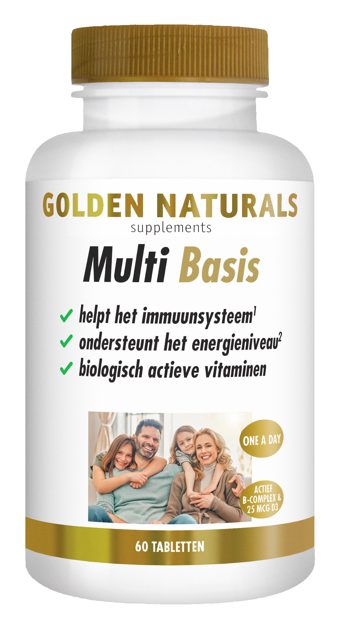 Golden Naturals Multi Basis supplementen flesje met 60 tabletten, wit met gouden deksel en label.