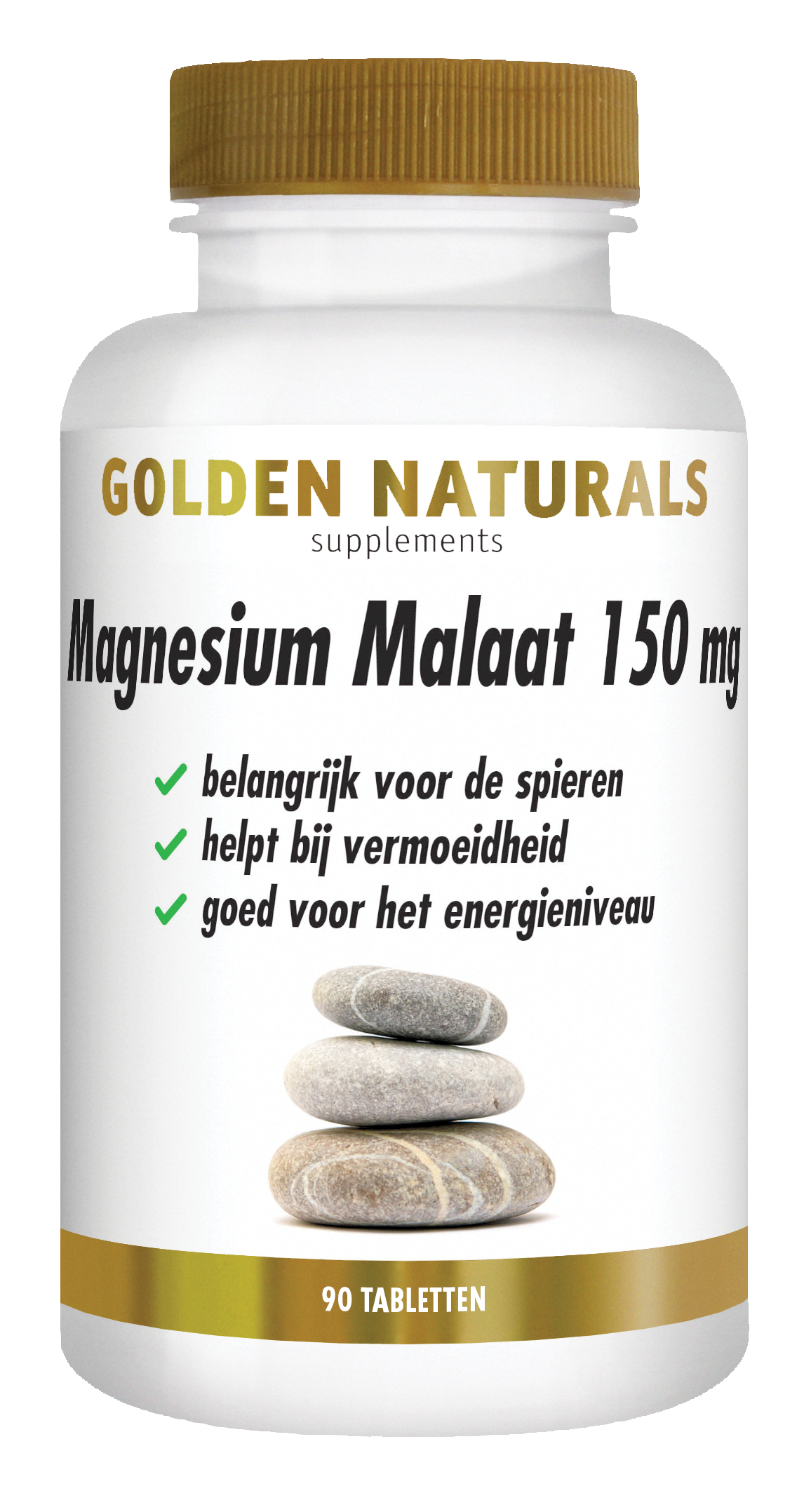 Golden Naturals Magnesium Malaat 150 mg, 90 tabletten, wit met gouden deksel en label.