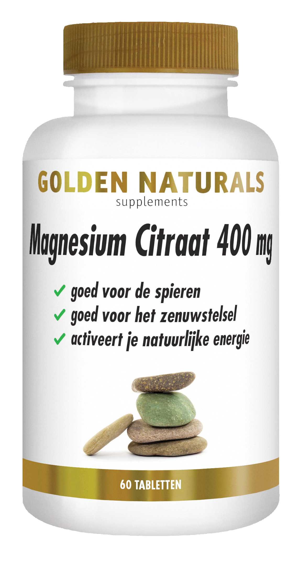 Golden Naturals Magnesium Citraat 400 mg, 60 tabletten, wit met gouden dop en label.