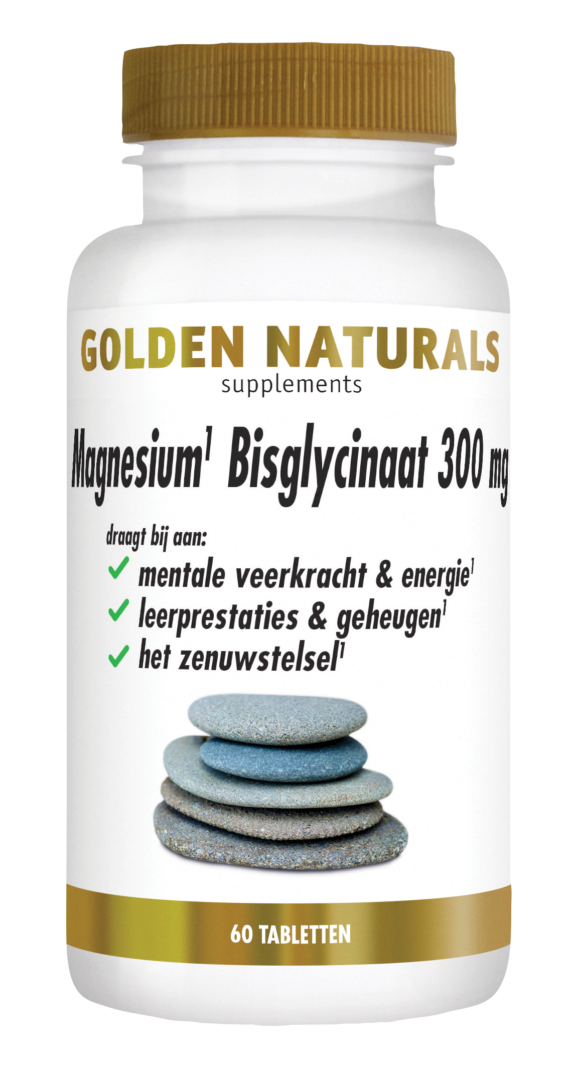 Magnesium Bisglycinaat 300 mg supplementen van Golden Naturals, witte fles met gouden deksel en label.
