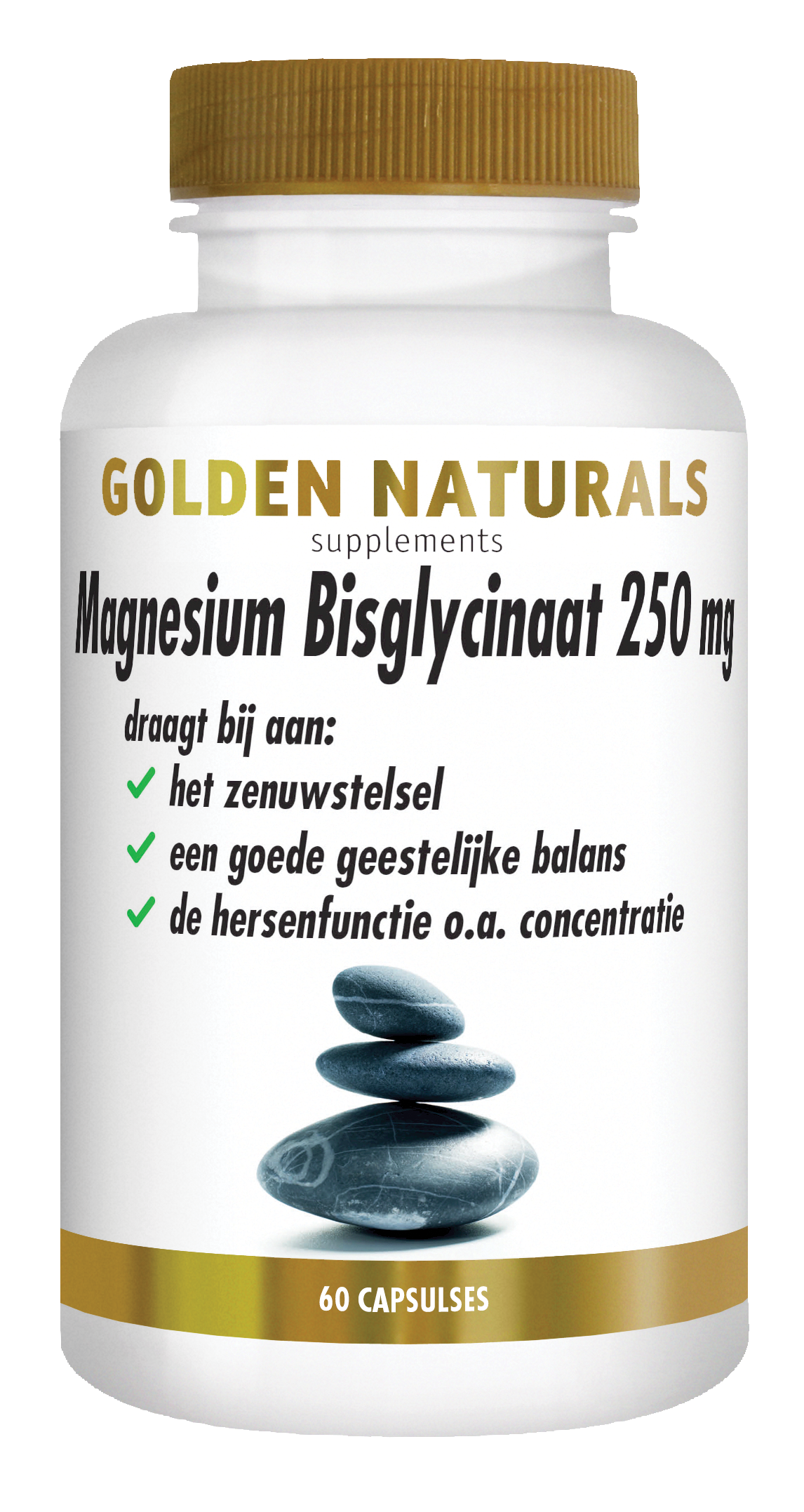Golden Naturals Magnesium Bisglycinaat 250 mg, 60 capsules, wit flesje met gouden deksel en label.