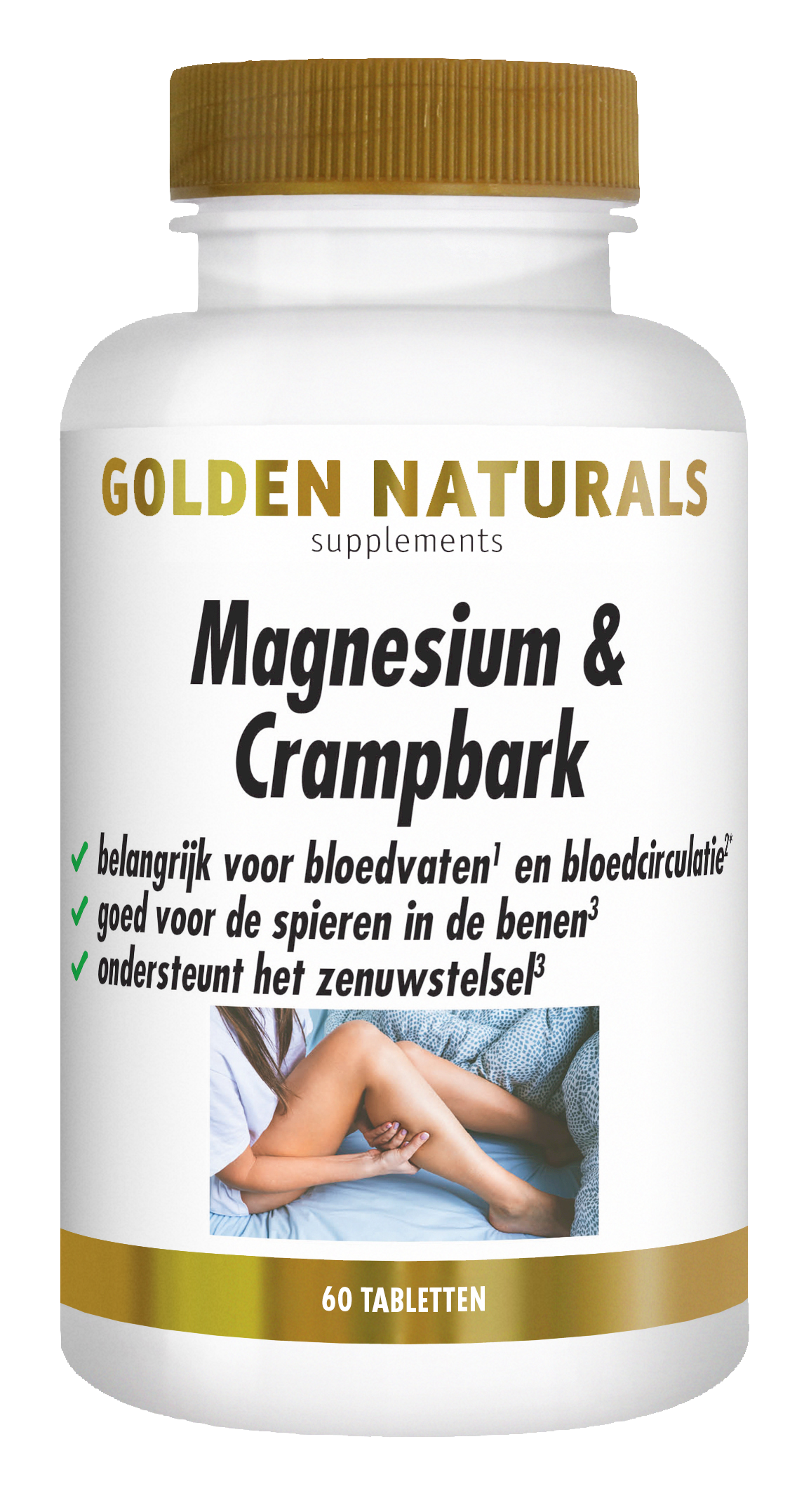 Golden Naturals Magnesium & Crampbark supplementen flesje met 60 tabletten voor beenkramp en bloedvaten ondersteuning.