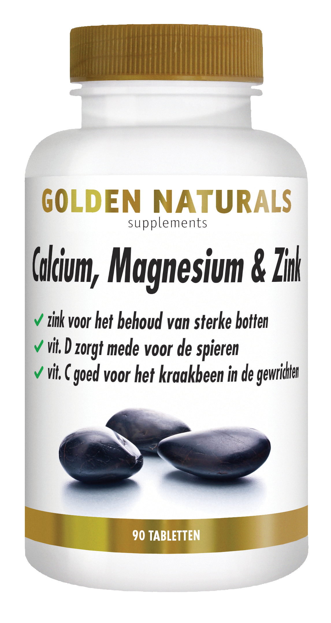 Golden Naturals Calcium, Magnesium & Zink supplementen flesje met 90 tabletten, wit met gouden deksel.