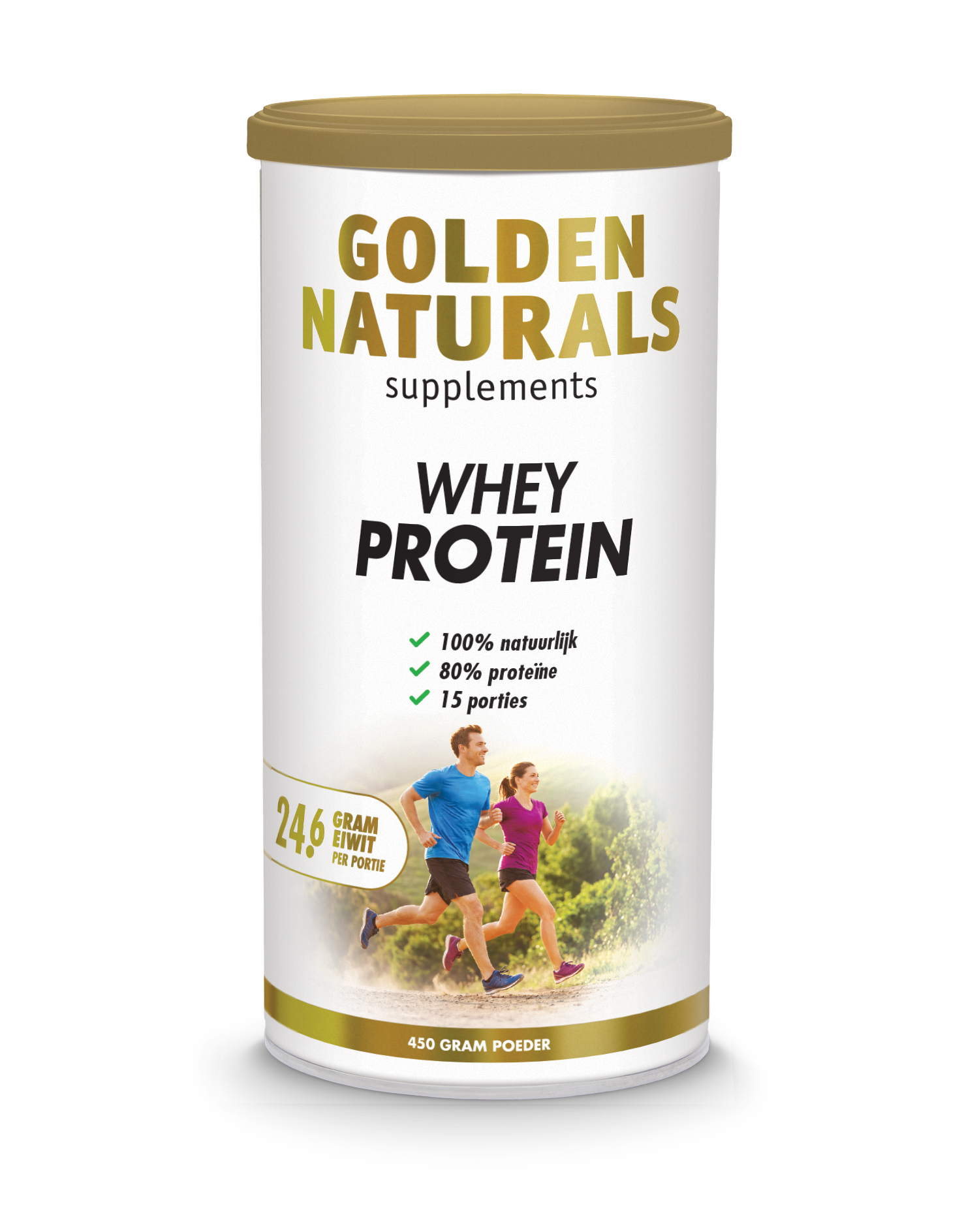 Golden Naturals Whey Protein, puur eiwitpoeder, wit, gouden deksel, naturel supplement.