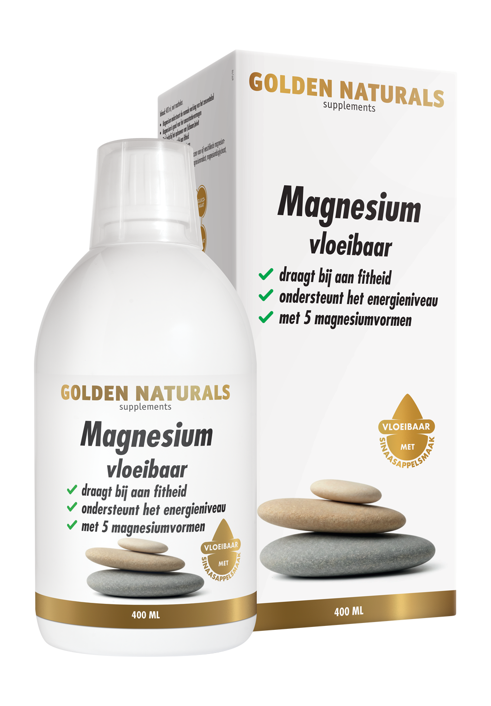Golden Naturals Magnesium vloeibaar fles 450ml wit met gouden en zwarte tekst en etiket.