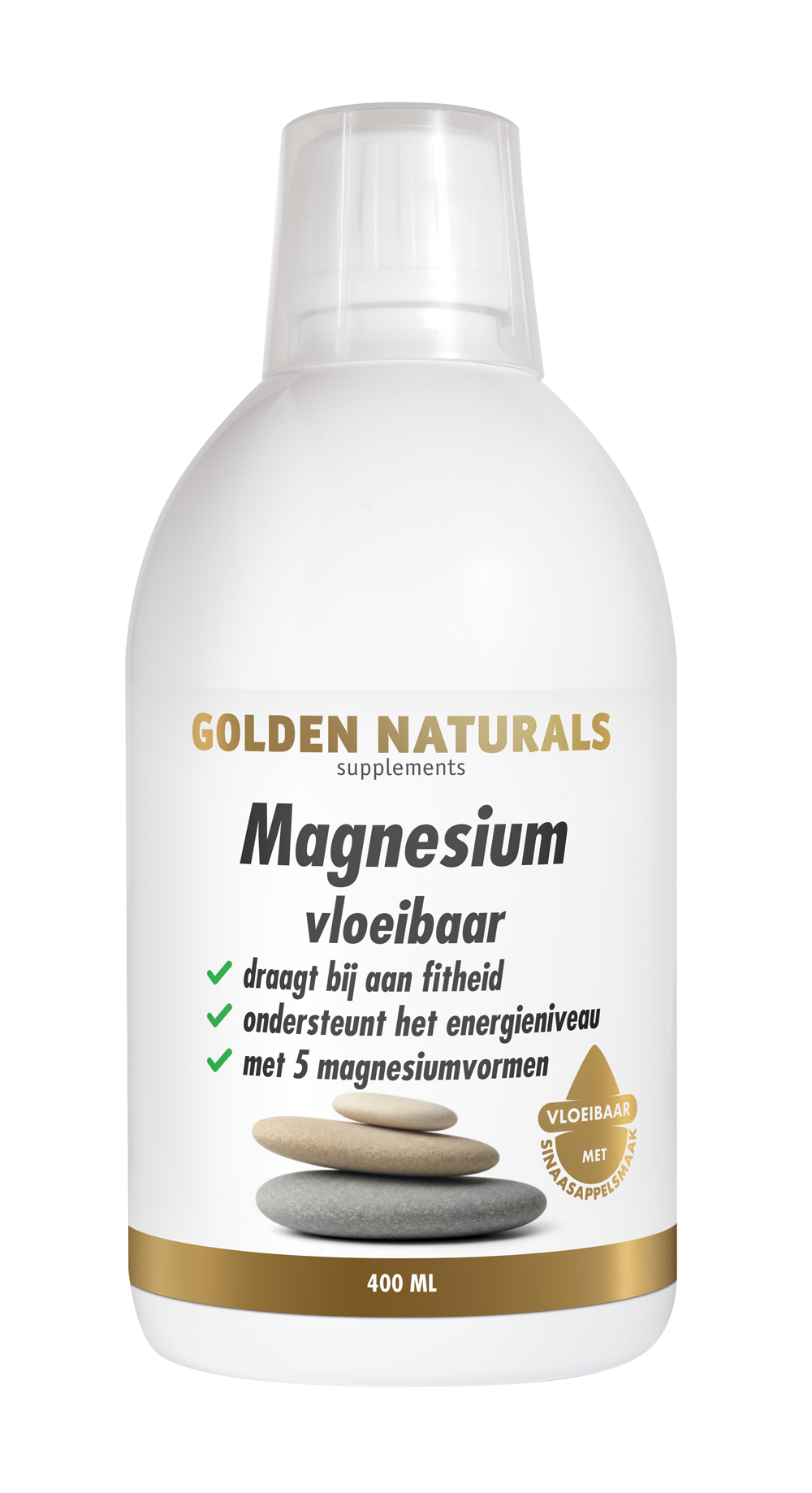 Golden Naturals Magnesium vloeibaar fles 600ml wit met gouden details en drie stenen logo.
