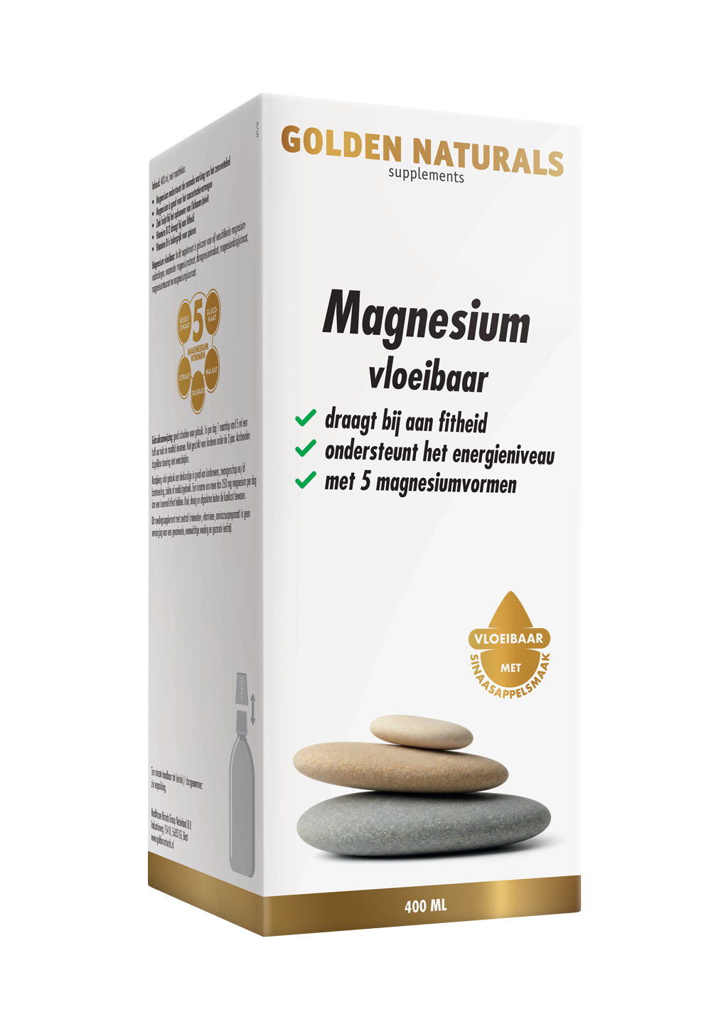 Golden Naturals Magnesium vloeibaar, wit doosje met gouden rand en drie stenen.