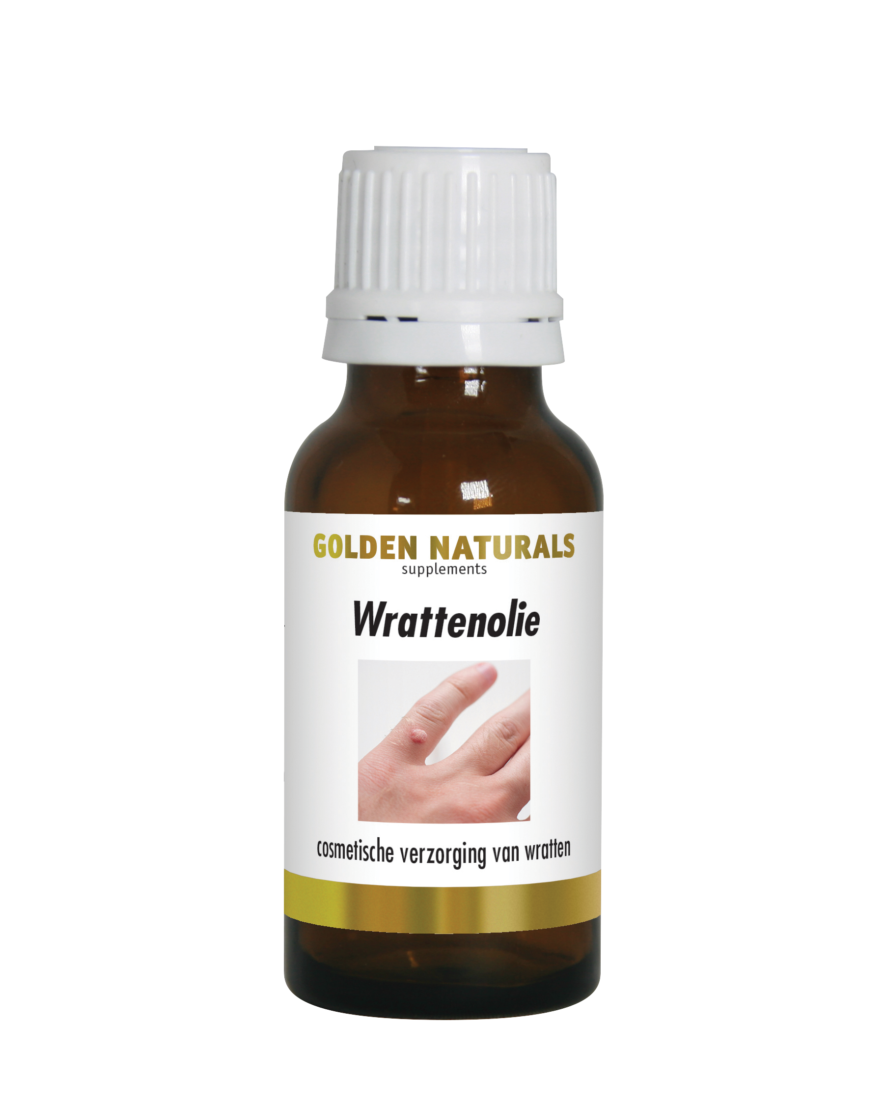 Golden Naturals Wrattenolie, donkere fles met witte deksel en gouden en zwarte etikettering.