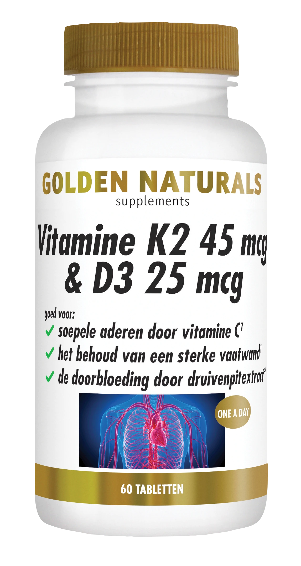 Golden Naturals Vitamine K2 45 mcg & D3 25 mcg supplement potje met 60 tabletten.