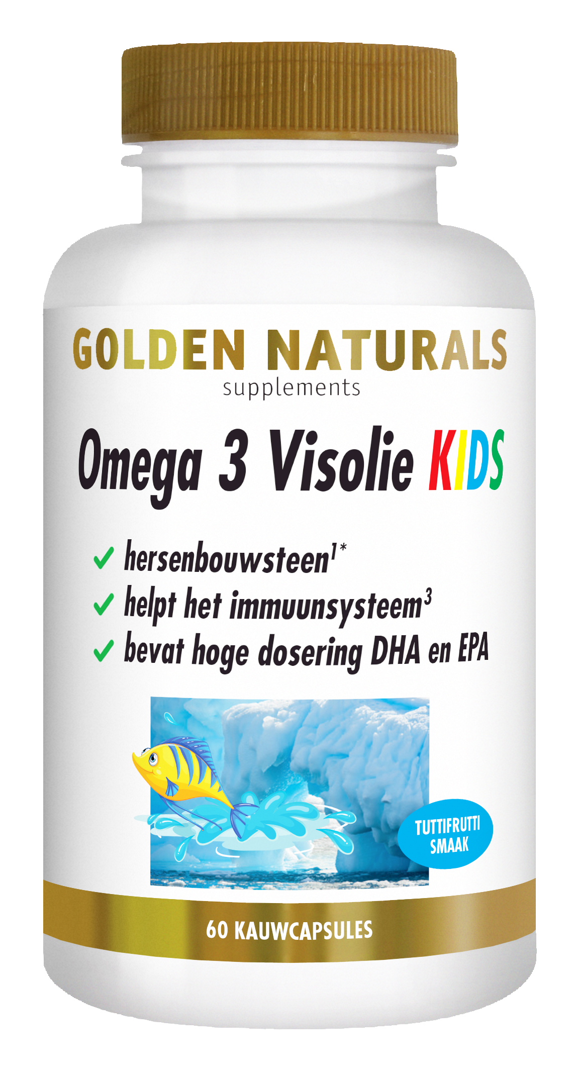 Golden Naturals Omega 3 Visolie KIDS kauwcapsules, wit flesje met gouden deksel en onderband.