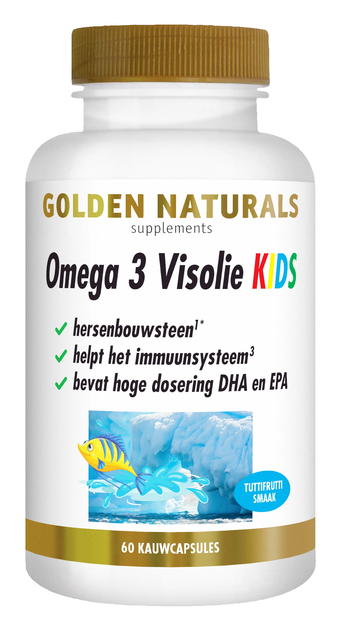 Golden Naturals Omega 3 Visolie KIDS, witte fles met gouden deksel en 60 kauwcapsules.