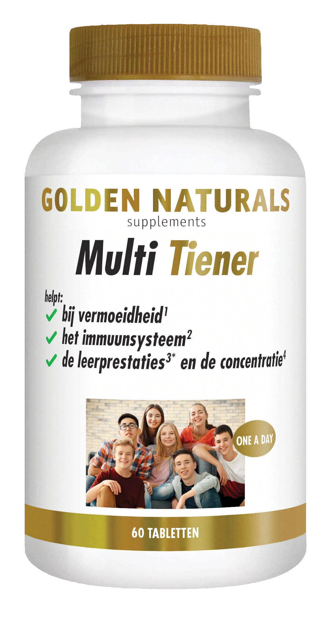 Golden Naturals Multi Tiener, 60 tabletten, wit en goudkleurig supplementen flesje.