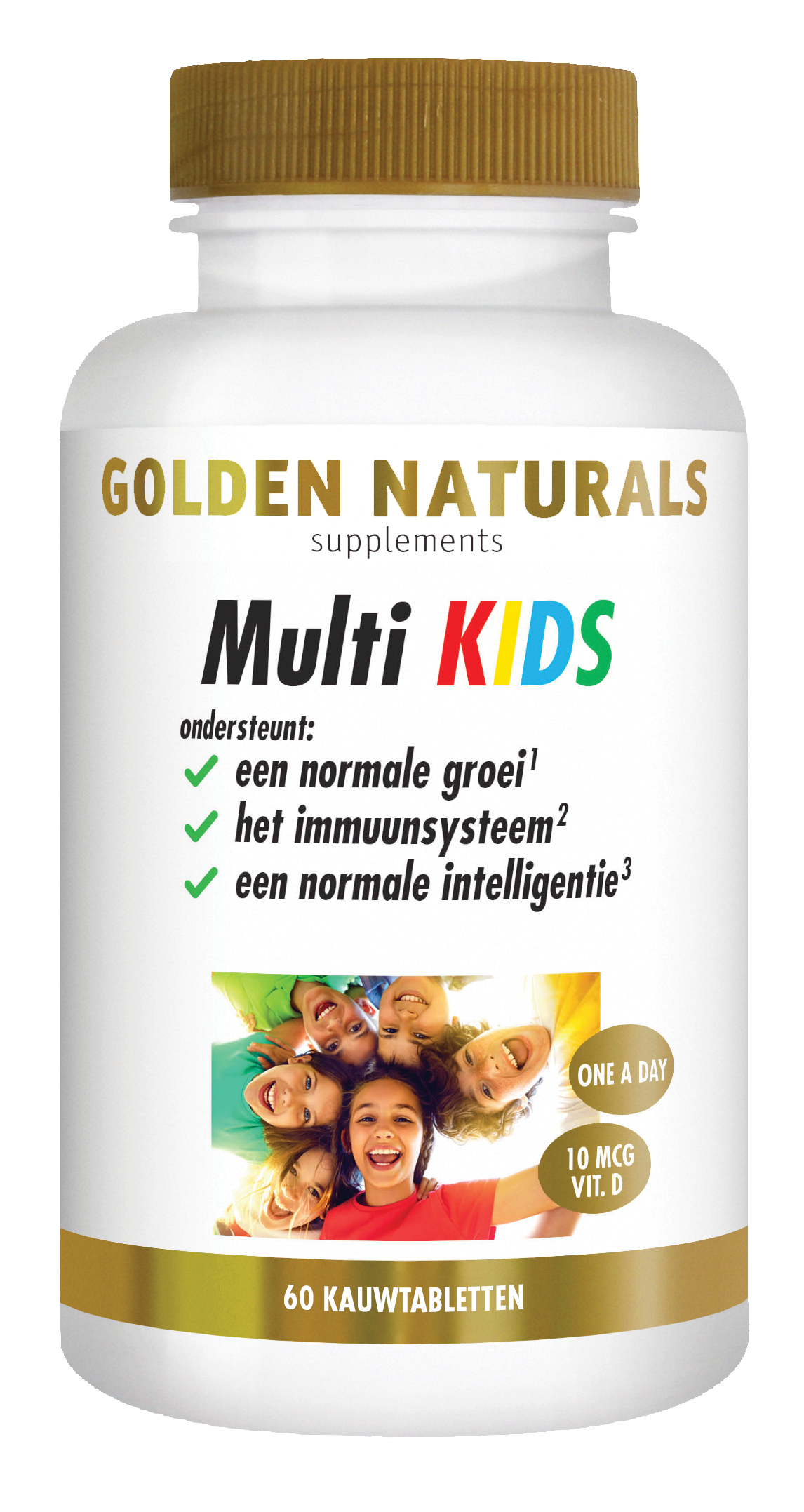 Golden Naturals Multi KIDS vitaminesupplement voor kinderen, witte fles met gouden deksel en etiket.