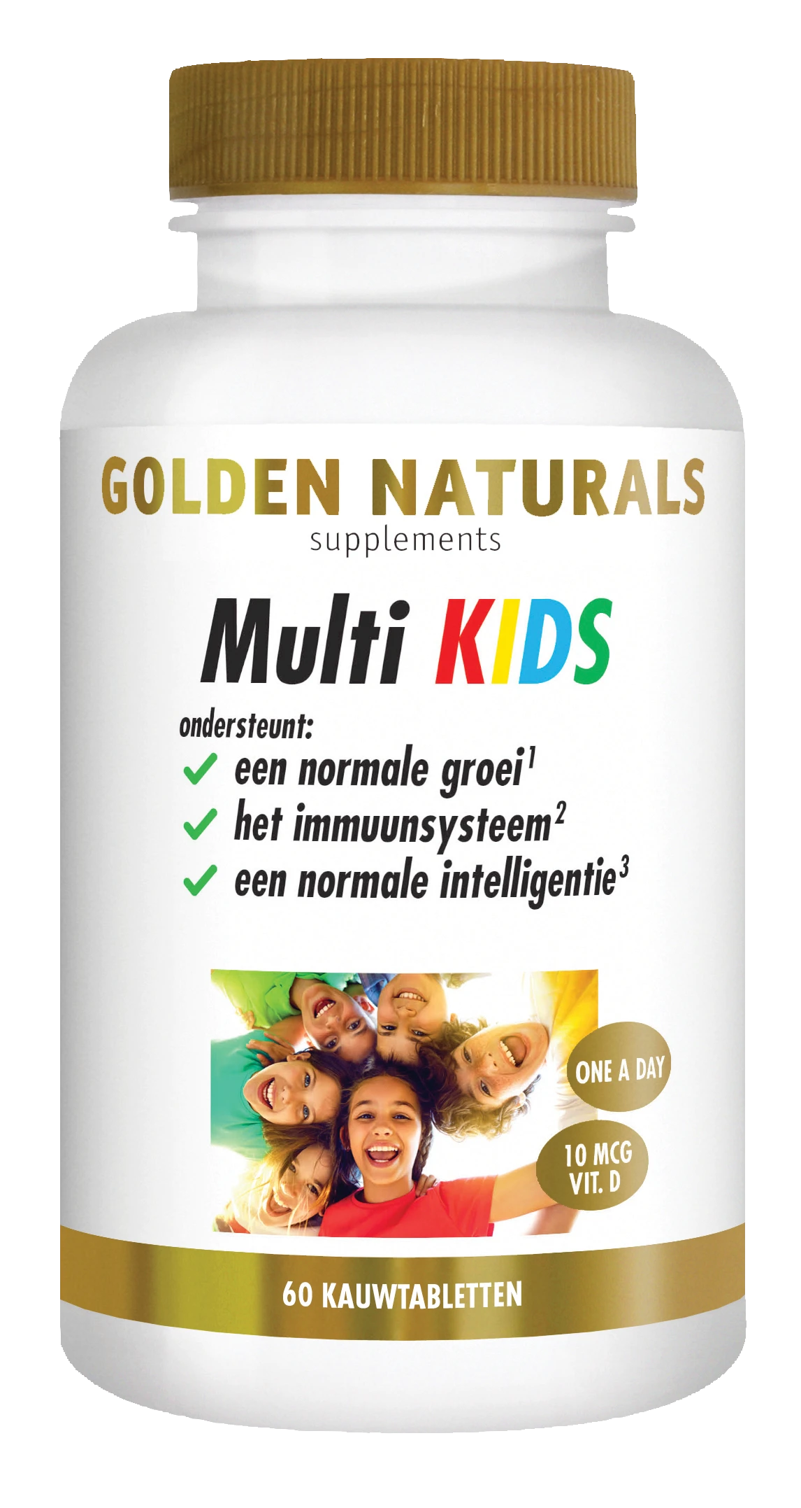 Golden Naturals Multi KIDS vitaminesupplement voor kinderen, witte fles met gouden deksel en etiket.