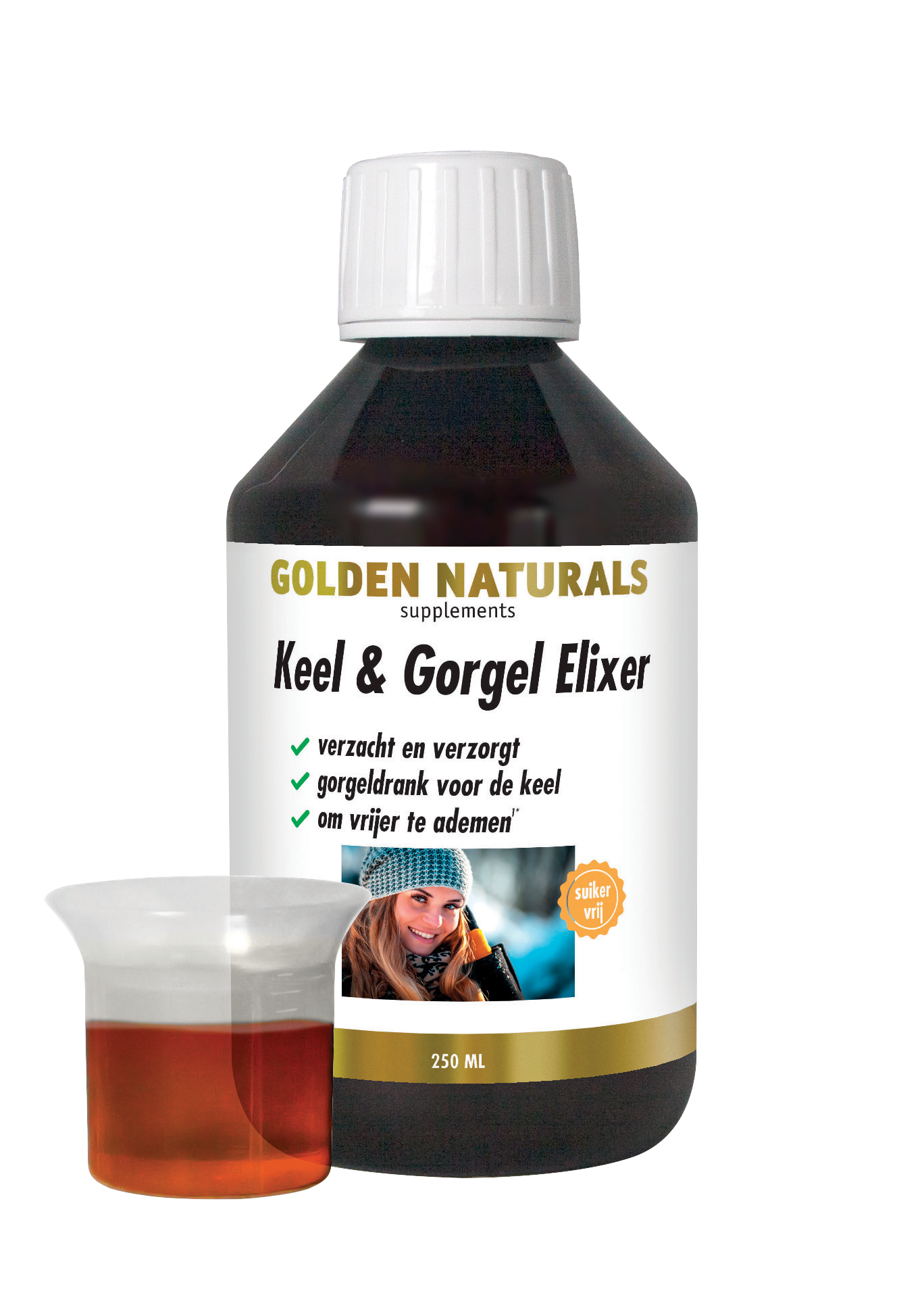 Keel & Gorgel Elixer, Golden Naturals, fles met 250ml donkere vloeistof en meetbeker.