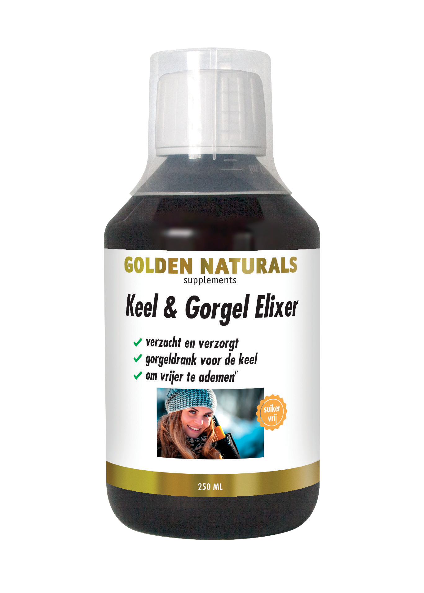 Keel & Gorgel Elixer, Golden Naturals, donkere fles met witte dop en gouden label.
