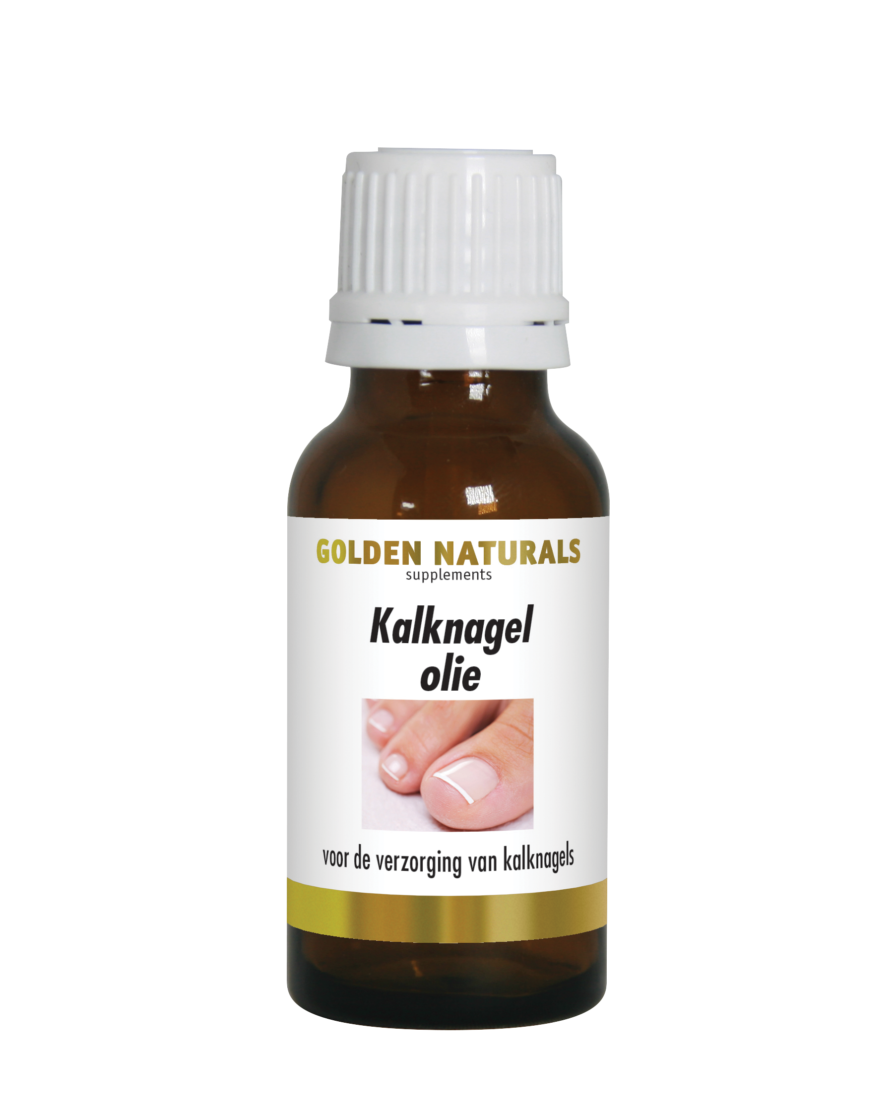 Golden Naturals Kalknagelolie, een olie voor nagelverzorging, bruine fles met wit deksel en gouden details.