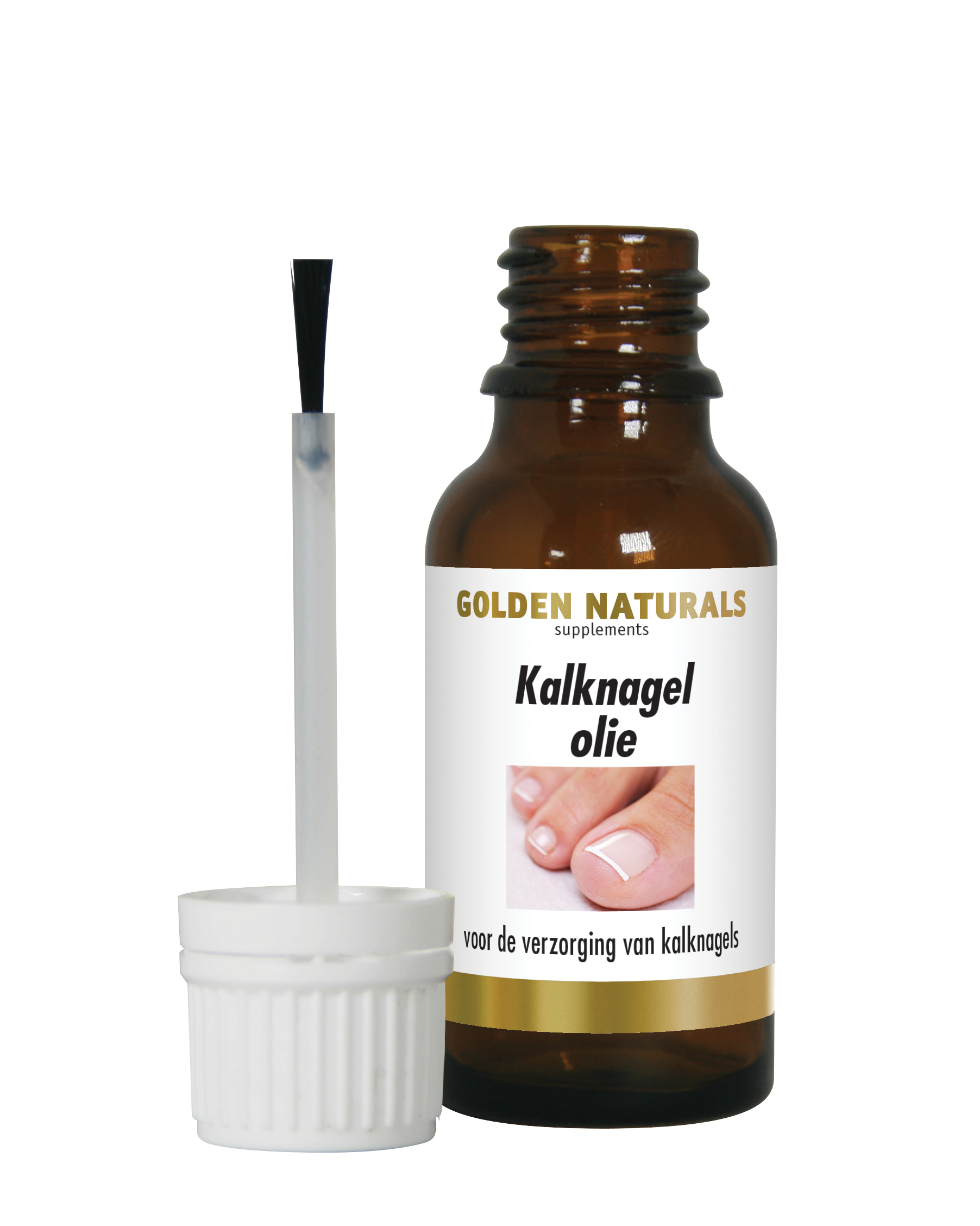 Golden Naturals Kalknagelolie, bruine fles met wit deksel en applicator, voor nagelverzorging.