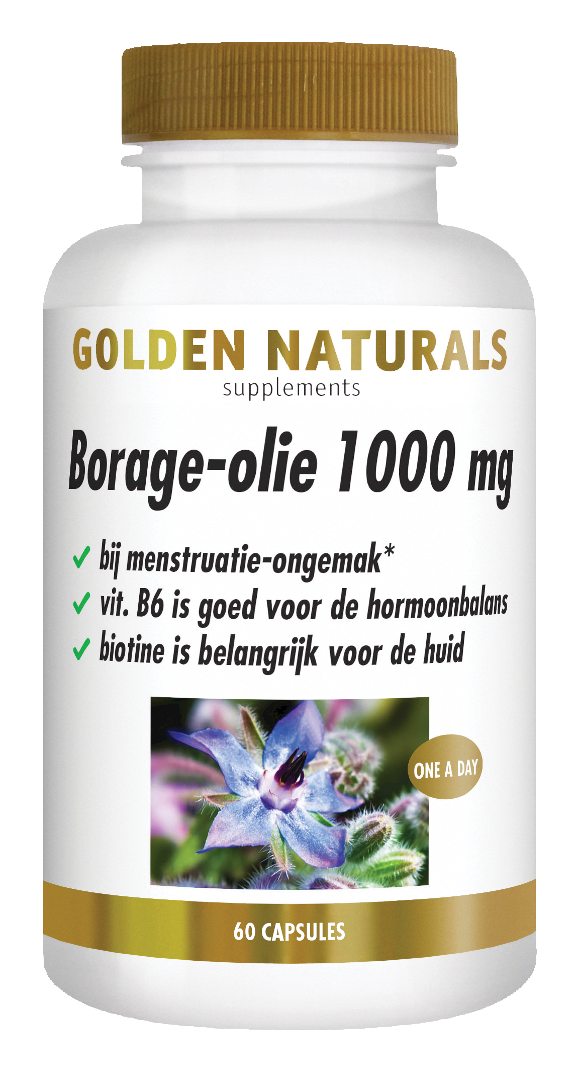 Golden Naturals Borage-olie 1000 mg, wit flesje met gouden deksel en bloemafbeelding.