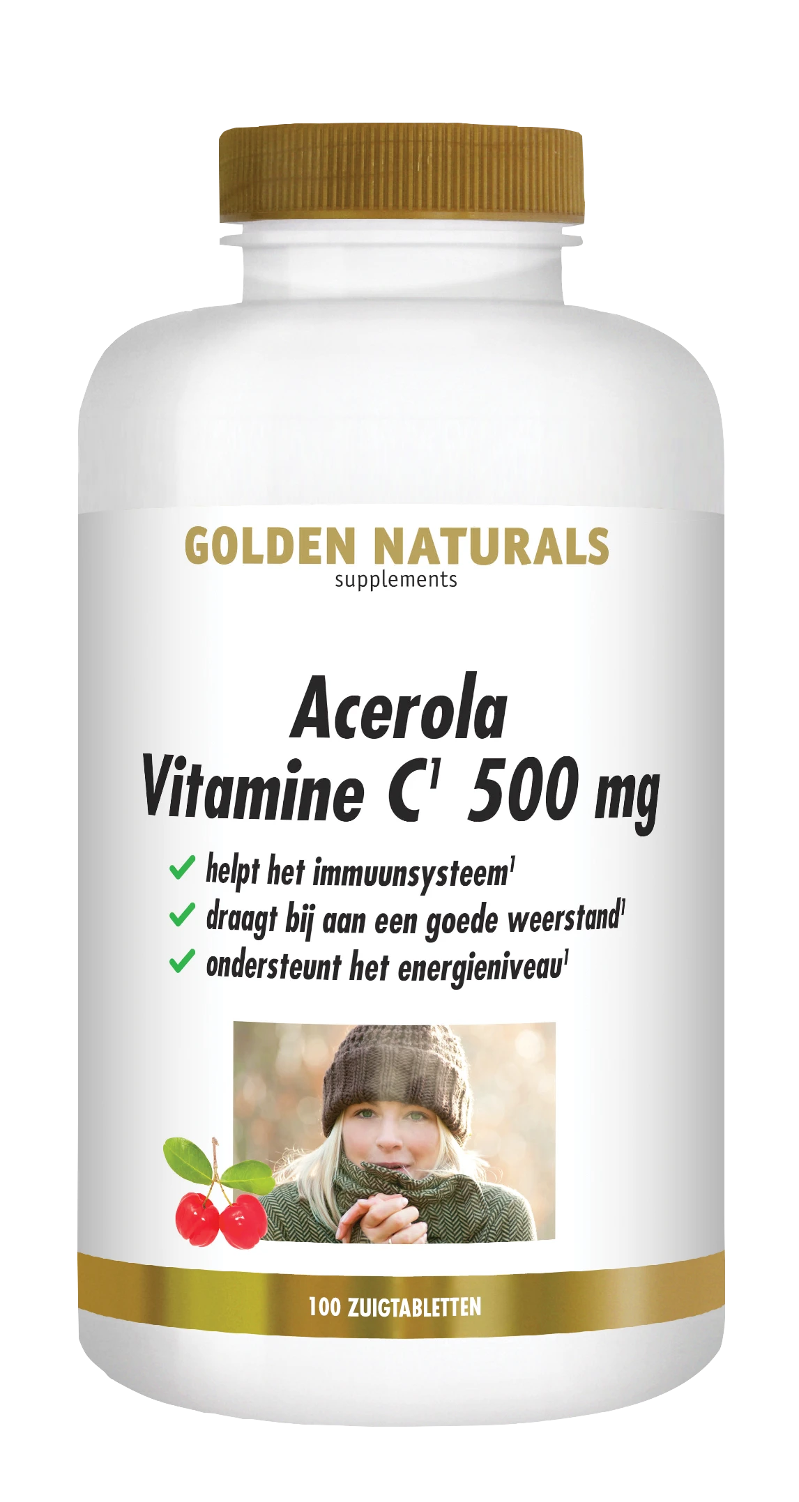 Golden Naturals Acerola Vitamine C 500 mg wit potje met gouden deksel en rode kersen illustratie.
