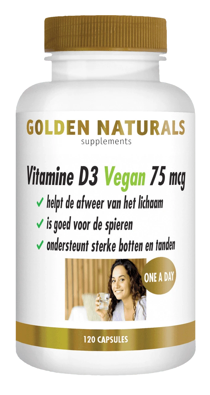 Golden Naturals Vitamine D3 Vegan 75 mcg supplement flesje met gouden deksel en etiket.